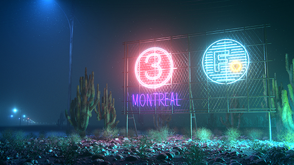 A glowing neon sign with the number 3 and the word MONTREAL stands in a dark desert under a starry sky.
