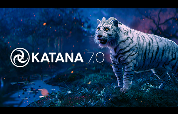 A white tiger with black stripes stands in a dark, blue-toned forest next to the Katana 7.0 logo.