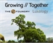 Text reading Growing // Together above The Foundry Luxology logo with a large green tree against a blue sky.