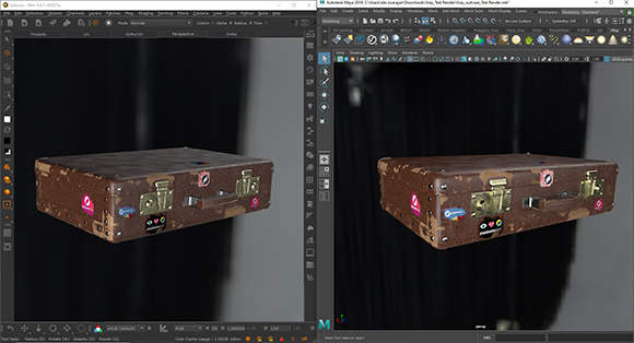 Two screenshots showing a 3D model of a weathered, rusty metal box within different digital workspace interfaces.