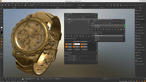 A 3D software interface displaying a textured, weathered gold watch on a grey background.