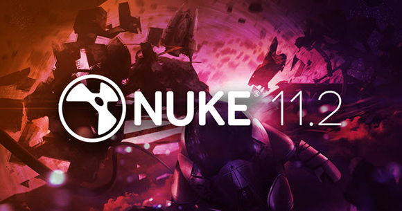 Nuke 11.2 logo over a dramatic, dark red and purple cosmic explosion with debris.