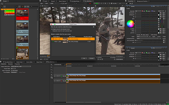 Video editing software interface showing clip previews, a 'Create Comp' dialog, and color grading panels.