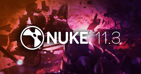 Nuke 11.3 logo set against a dramatic, reddish-purple background of floating debris and a robotic figure.
