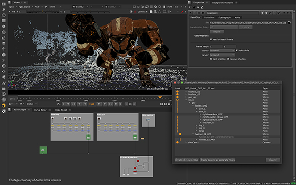 A 3D software interface displaying a large, weathered mechanical robot model and node-based editing windows.