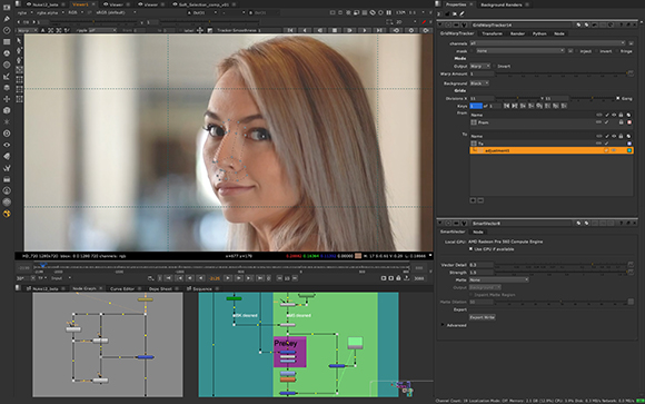 Software interface displaying a woman's face with tracking points and a node graph below.