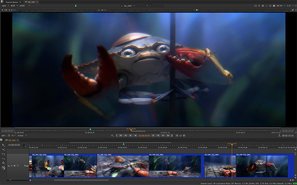 Video editing software interface displaying a close-up of a large, wide-eyed animated crab underwater.