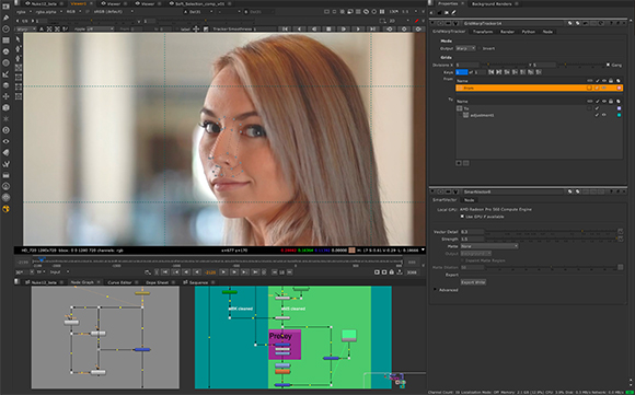 Video editing software interface displaying a woman's face with motion tracking points and node graphs.