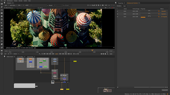 Interface of a 3D software displaying a colorful architectural render and a complex node graph below.