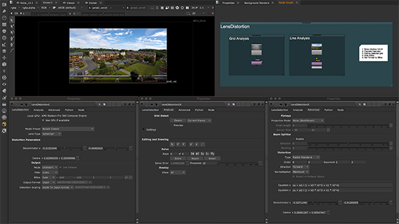 Software interface showing a video preview of a building, a node graph, and various distortion parameter settings.