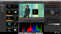 A complex video editing software interface showing video playback, color wheels, and audio waveforms.