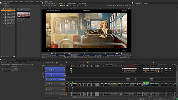A video editing software interface displaying a scene of a woman sitting on a train.