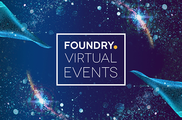 White text reading FOUNDRY VIRTUAL EVENTS inside a white frame on a dark blue cosmic background.