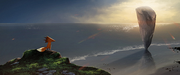 A small fox sits on a grassy cliff looking out at a vast ocean and a large stone monolith rising from the sea.