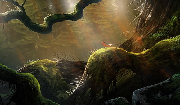 A small orange fox sits on a large, moss-covered tree branch under beams of sunlight in a dense forest.
