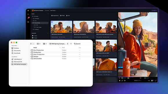 Software interface showing a grid of video thumbnails and a white file explorer window over a dark dashboard.
