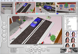 A computer screen showing a surveillance software interface with multiple 3D rendered street scenes and character faces.