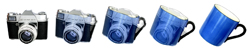A sequence of five images showing a camera gradually transforming into a blue mug.