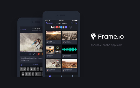 Two smartphones displaying the Frame.io mobile app interface against a dark background.
