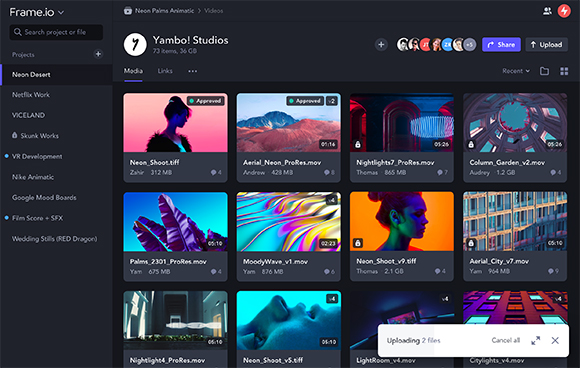 A dark-themed media management dashboard displaying a grid of video thumbnails and file metadata.