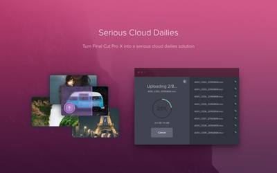 Graphic with text 'Serious Cloud Dailies' over a pink background with video thumbnails and an upload progress window.