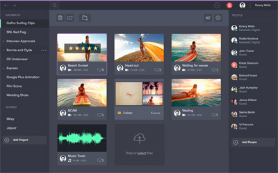 A dark-themed media library interface showing video thumbnails, folders, and a sidebar of people.