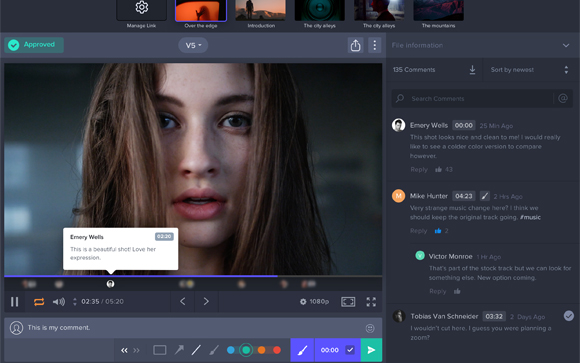 Video player interface displaying a woman's face with overlayed comments and a timeline.