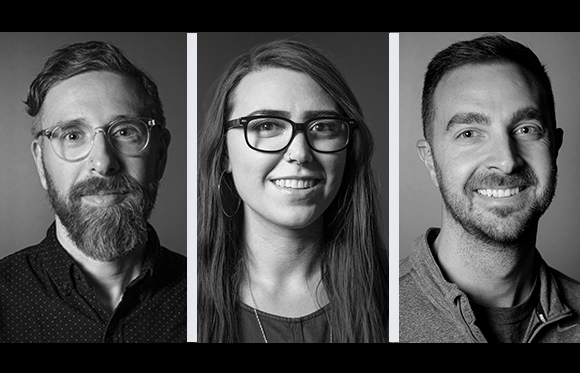 Three black and white headshots of a man with glasses, a woman with glasses, and a man smiling.