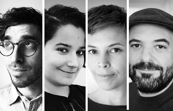 Four black and white close-up portraits of different people arranged in vertical panels.