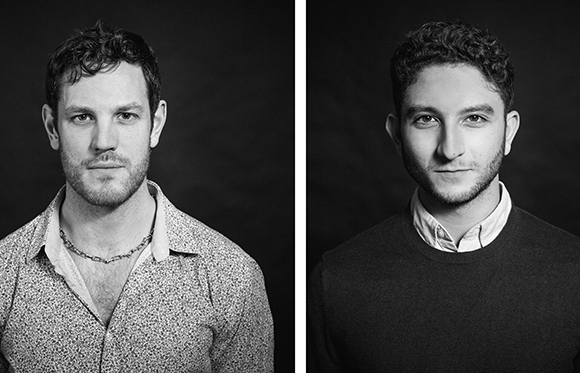 Two black and white portrait headshots of men against a dark background.