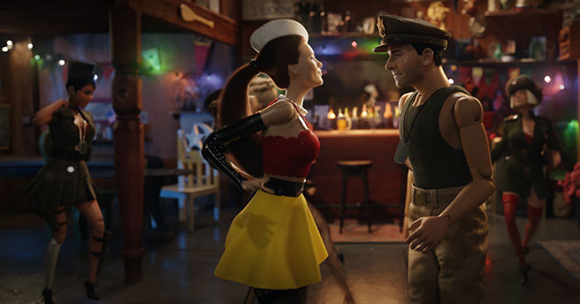 Two articulated action figures, a woman in a red top and yellow skirt and a man in a military cap, face each other.