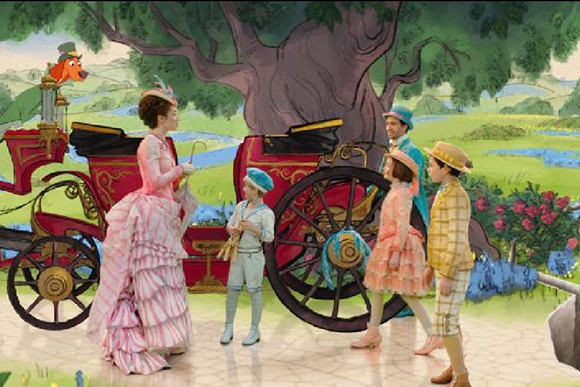 People in colorful period clothing stand near a red carriage under a large tree in a landscape.