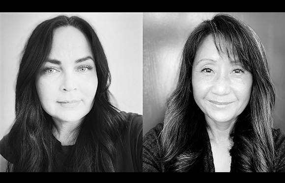 Two black and white close-up portraits of women looking directly at the camera.