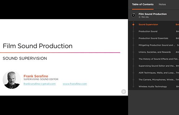 Presentation slide titled Film Sound Production and Sound Supervision by Frank Serafine.