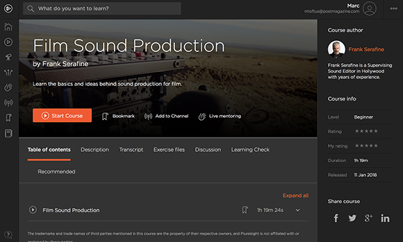 Webpage for a Film Sound Production course featuring a landscape background and course details.