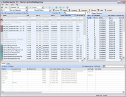 A software window displaying multiple data tables with columns for Task ID, Name, Status, and Progress.