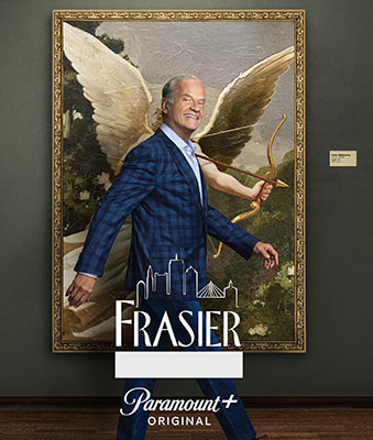 A man in a blue plaid suit walks past a large painting of a winged angel holding a bow.