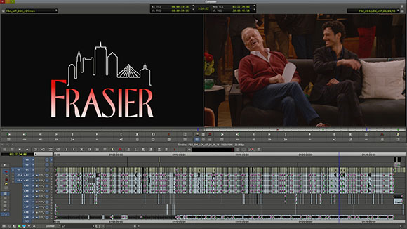 Video editing software interface displaying the Frasier logo and a scene of two men sitting on a couch.
