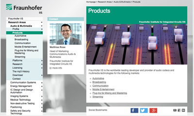 Webpage for Fraunhofer IIS products featuring a contact profile and an image of an audio mixing console.