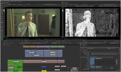 Split screen showing a man in a shirt and a black and white high-contrast version of the same scene in editing software.
