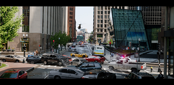 A busy city street filled with cars, a helicopter overhead, and a large modern glass building.