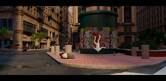 A person lies on a red brick sidewalk next to a large green pillar covered in colorful posters in a city.