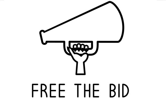 Line drawing of a hand holding a megaphone above the text 'FREE THE BID'.