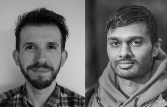 A black and white split-screen portrait of two men looking toward the camera.