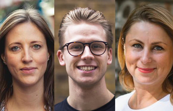 Three portrait headshots of a woman, a man with glasses, and another woman.