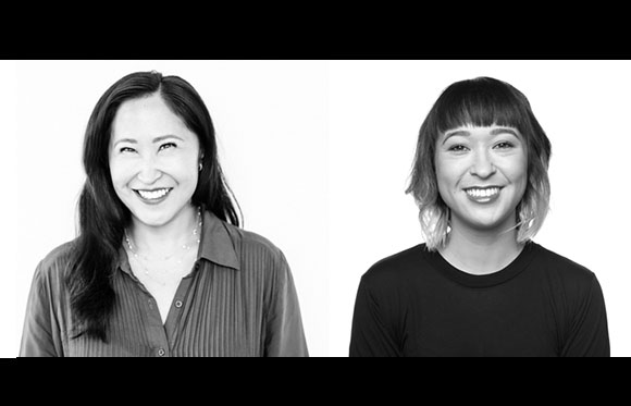 Two black and white portraits of smiling women side by side against a white background.