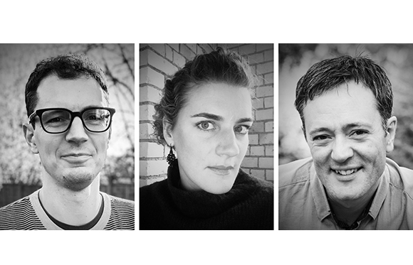 Three black and white headshots of a man with glasses, a woman, and a smiling man.