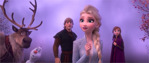 Animated characters Elsa, Kristoff, Anna, and Olaf look toward something off-screen in a purple landscape.