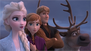 Animated Elsa, Anna, Kristoff, and Sven looking ahead with worried expressions against a dark sky.