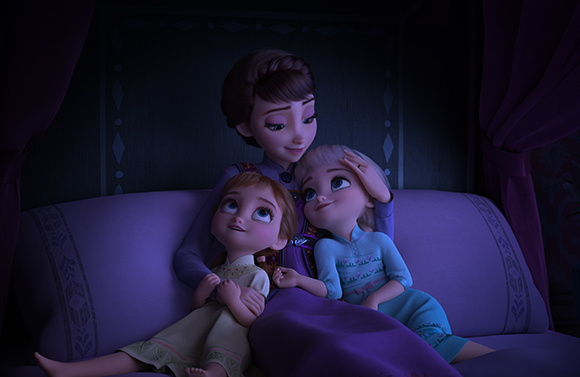Three animated girls with different hair colors sit closely together on a purple sofa in a dimly lit room.